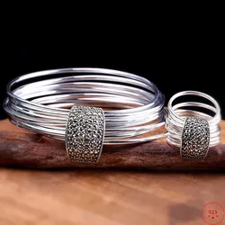 S925 Sterling Silver Rings for Women New Fashion Multi Circle Glossy Marcasite Bangle Pure Argentum Jewelry Wholesale