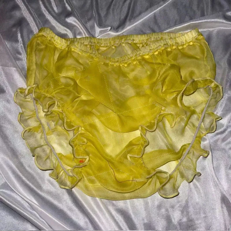 Man Sexy Transparent Colored Laser Pink Holographic Organza Briefs Women Ruffles See Through Panties Couple FKK Private Party BF