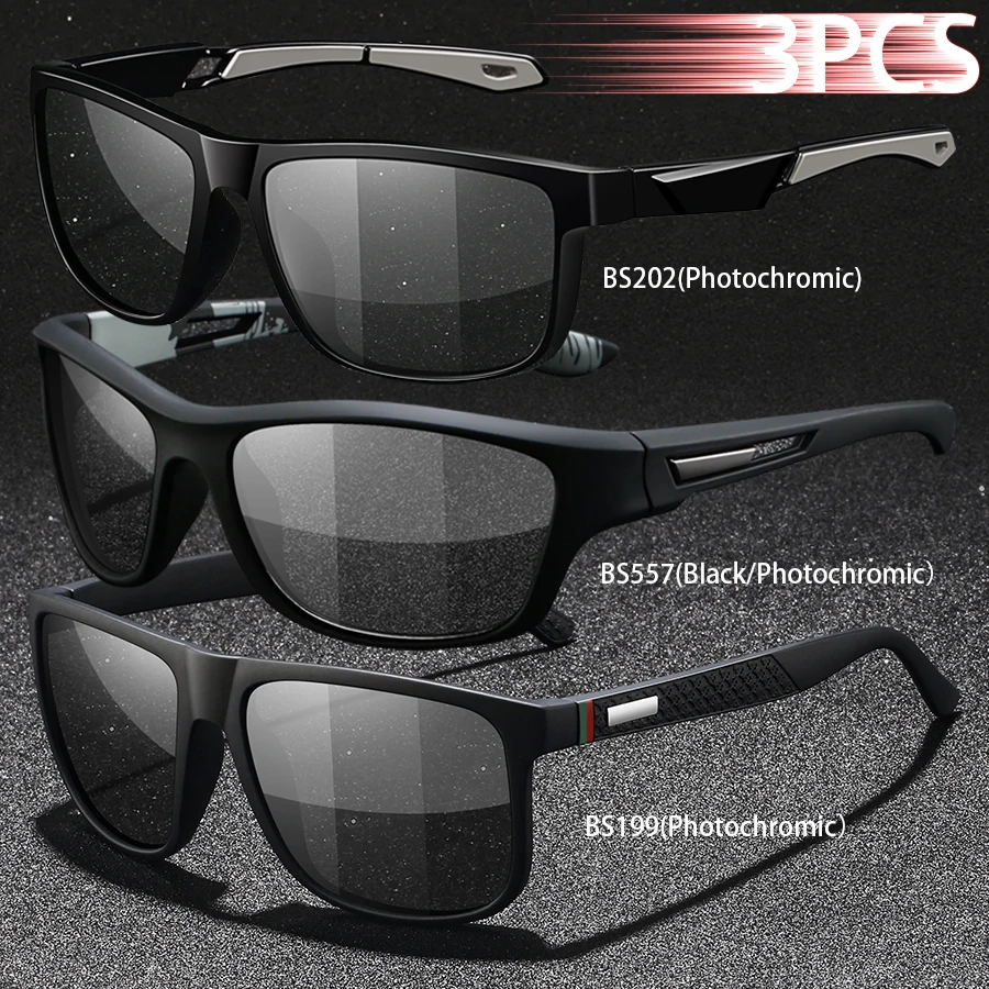 3PCS Photochromic Polarized Sports Vintage Sunglasses Men Women Cycling Driving Mountaineering Chameleon Sun Glasses UV400Eyewer