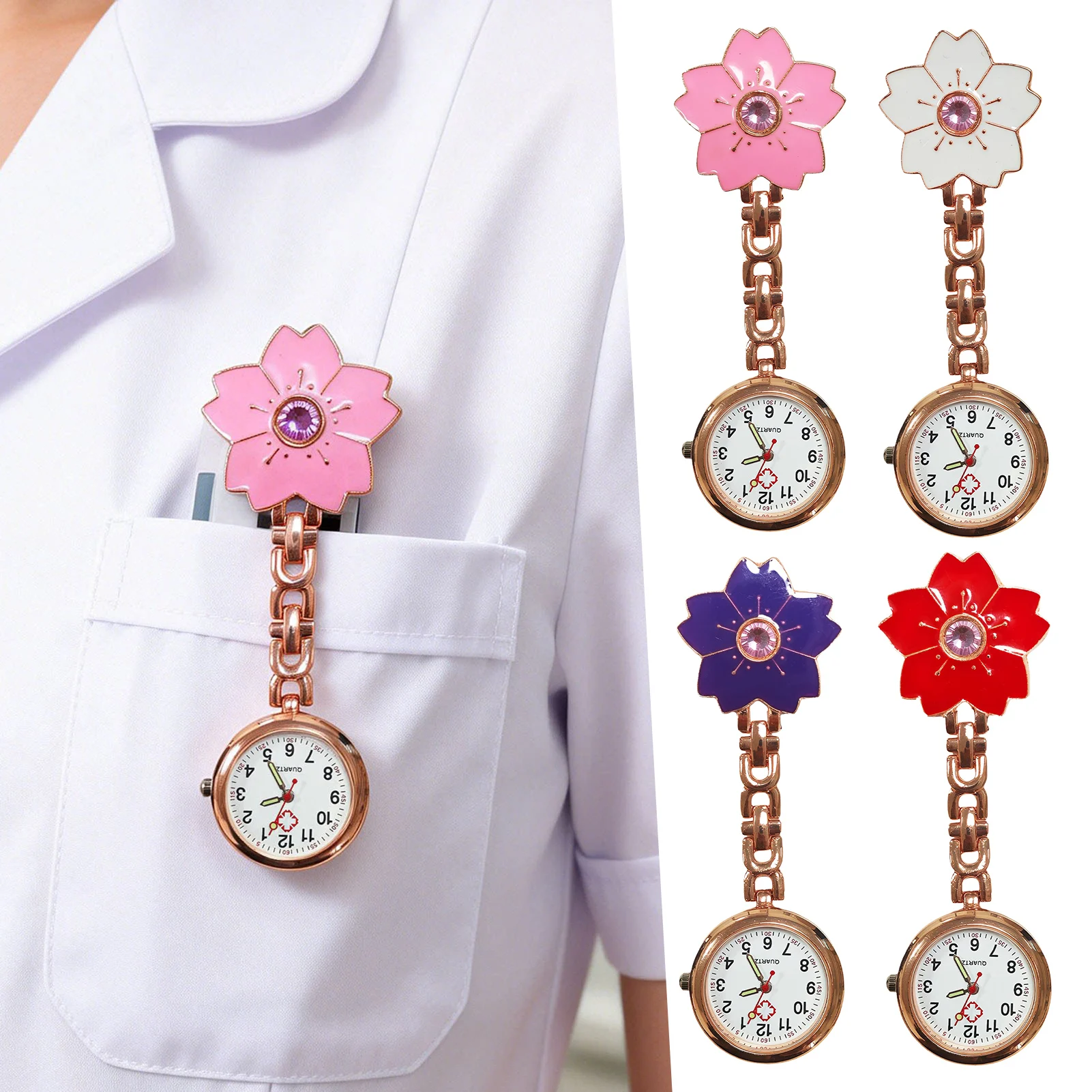 Fashion Colourful Gradient Resin Flower Rose Gold Alloy Cartoon Cute Crystal Flower Nurse Pocket Watch Gift Watches Clock