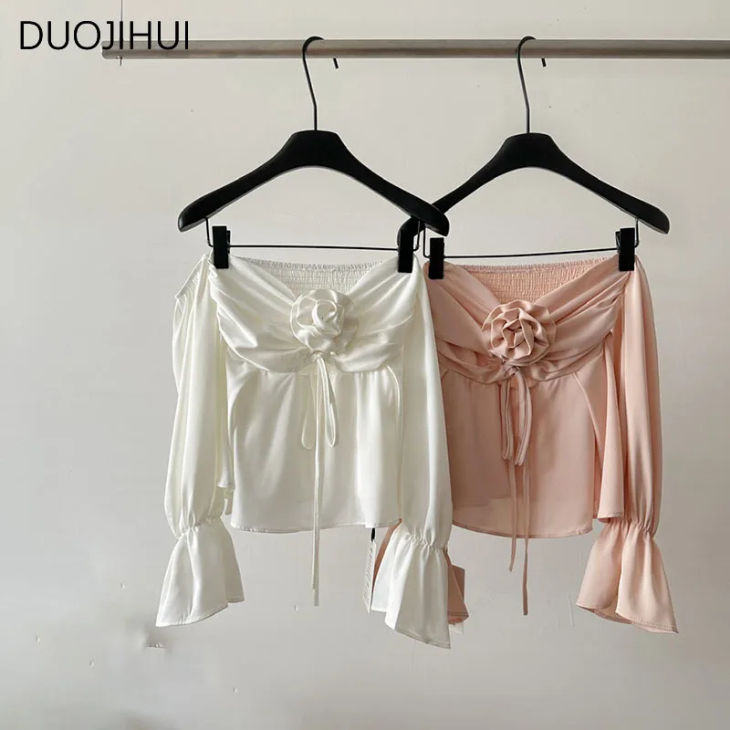 Duojihui เสื้อลำลองสตรีผ้าชีฟองสีขาว chicly สีทึบแบบเรียบง่ายสำหรับสาวออฟฟิศลำลองแฟชั่นใหม่