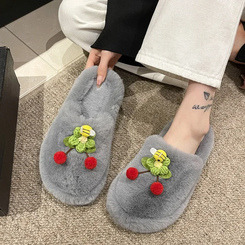 Cute Honeybee Women Slippers Autumn Winter Cotton Flat Fluffy Shoes Woman Home Indoor Fur Slippers Warm Soft Plush Shoes