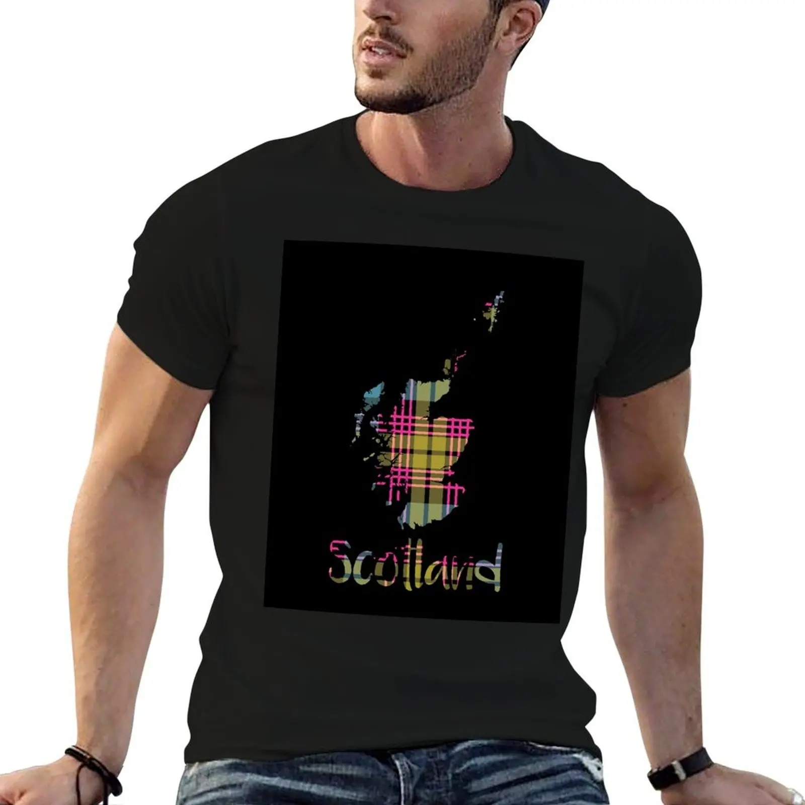 

Scotland Pink, Blue and Yellow Tartan Map Typography Design T-Shirt man t shirt graphic graphic t shirts for man T-Shirt