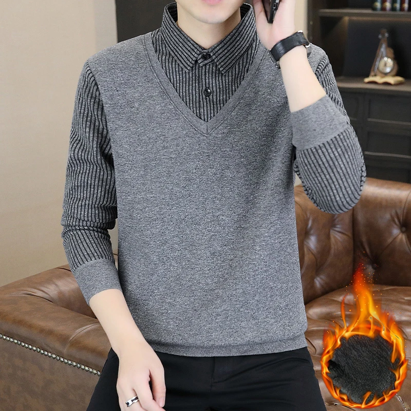 New Warm Sweaters Men's Autumn Casual Fake Two Thick Shirt Collar Knitted Sweatshirt Korean Fashionable Striped Vest Pullover