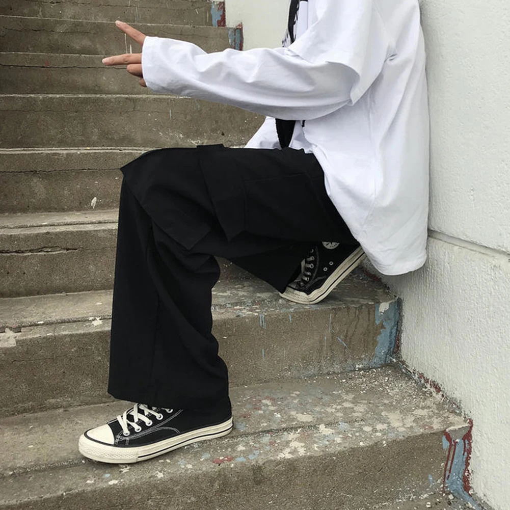 Men Pants Cotton Blended Hong Kong Style Fashion Wide-leg Pants Loose Straight Trousers For Summer