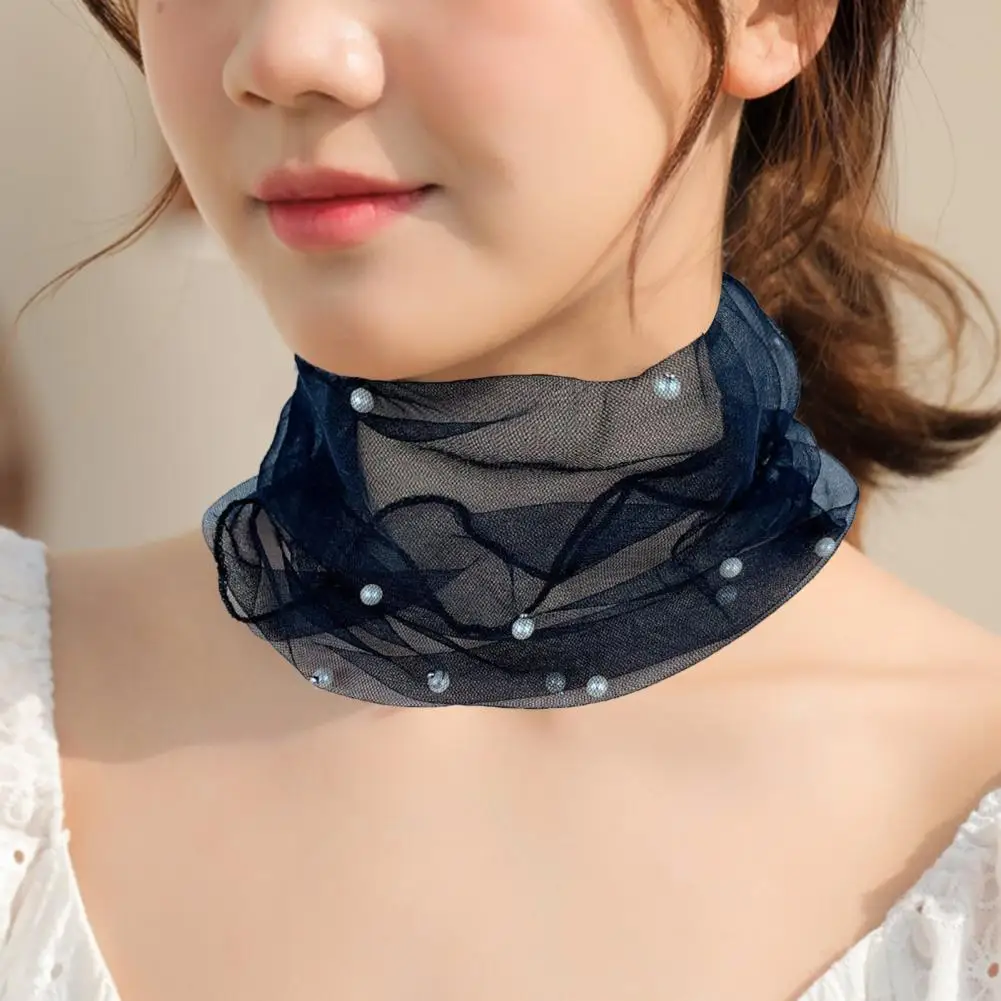 Bild 5: Eleganter elastischer Halswickel, einfarbig, Halskragen, Kunstperlen, Dekor, elastischer Organza-Spitzenschal, multifunktional
