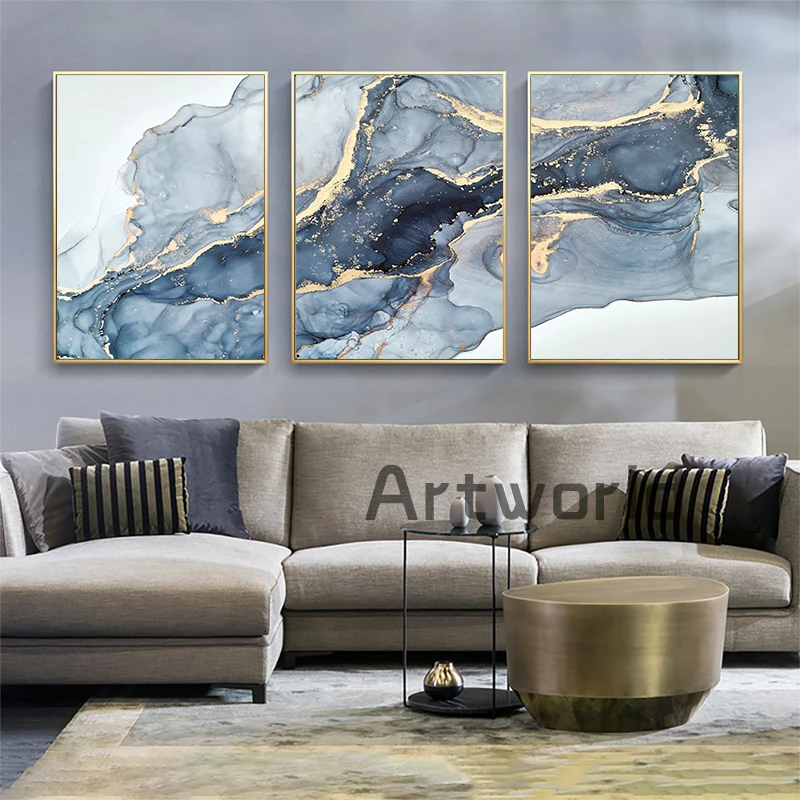 Blue Abstract Fluid Effect Canvas Painting Marble Texture Wall Art Print Picture for Living Room Home Decor