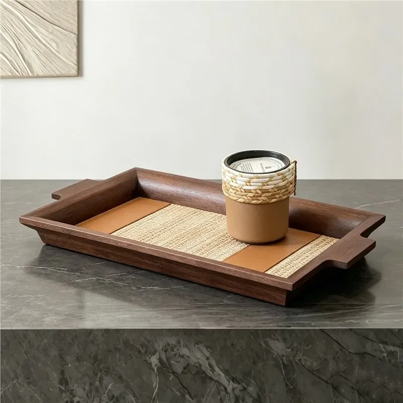 Retro Solid Wood Tray with Hand Woven Leather Decorative Box for Tea Serving Creative Desktop Storage Organizer Living Room