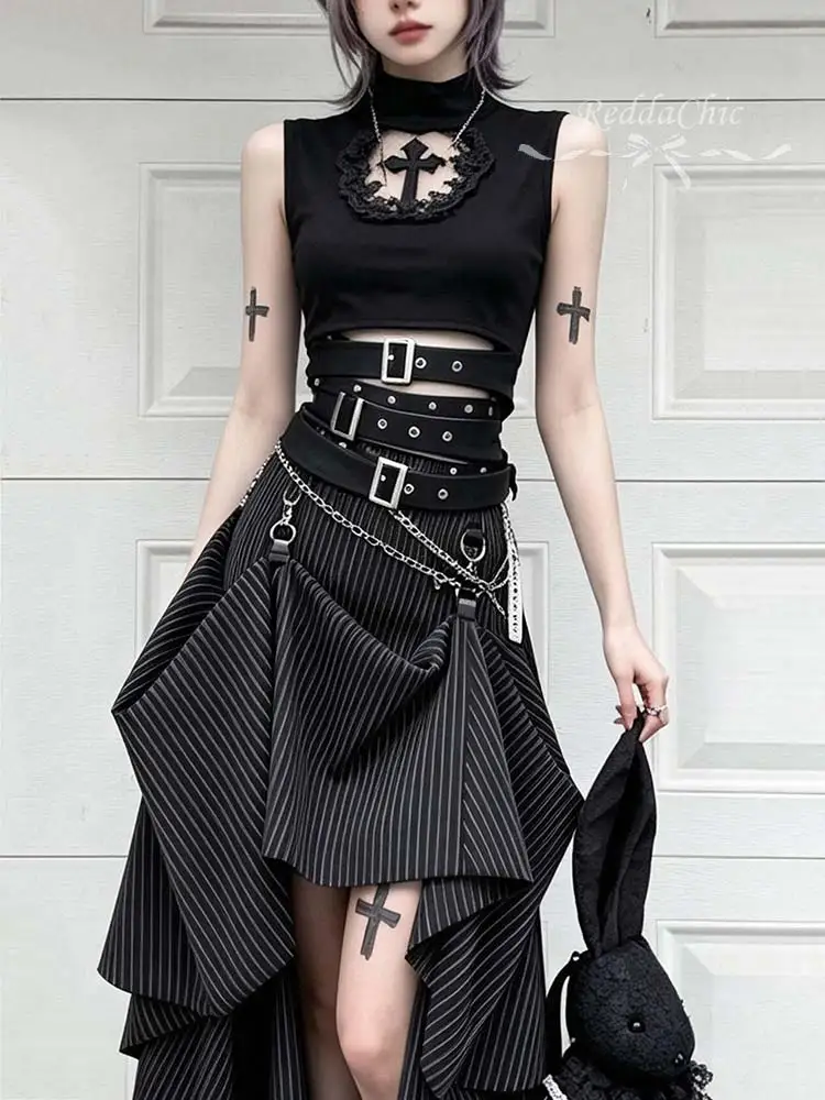 ReddaChic Mock Neck Top Hi-Lo Skirt Black Set Women Party Cross Hollow Out Tank Top Bustle Skirt Gothic Music Festival Outfits