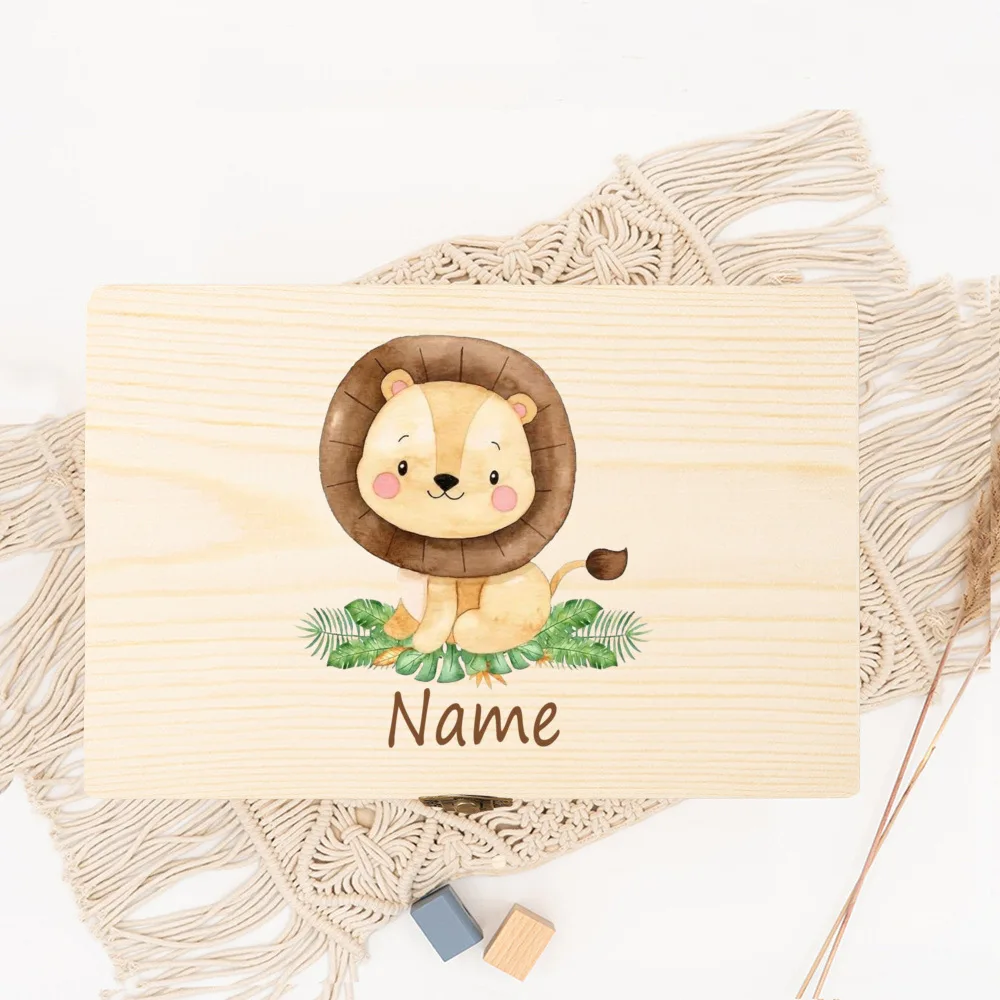 Caja de madera personalizada con estampado de animales para bebé, recuerdo infantil con nombre personalizado, regalo para recién nacido