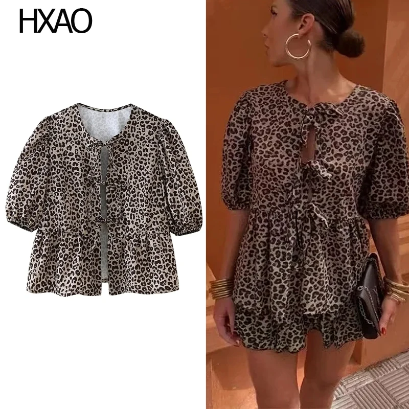 

HXAO Women Leopard Print Shirts O-Neck Puff Short Sleeve Tops Woman Bow Lace Up Tops Elegant Blouses Youthful Summer top 2024