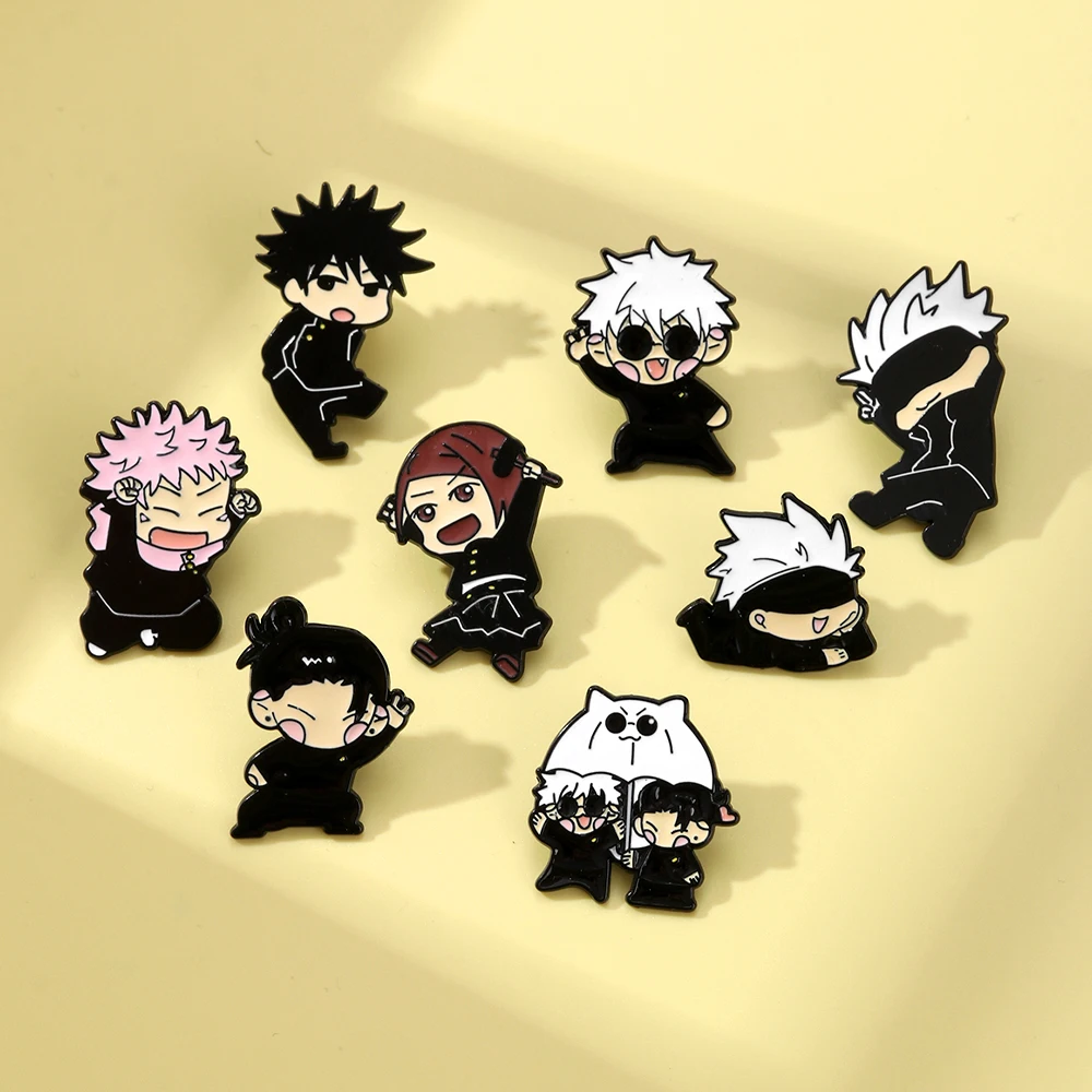 8Pcs Japanese Anime Inspired Enamel Pins Set Cute Q Character Yuji Itadori Satoru Gojo Metal Lapel Brooches Collectible Pin