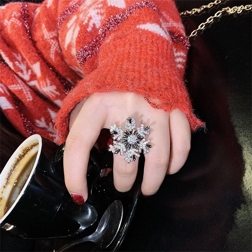 Versatile Beautiful Classic Simple Rotatable Double-layer Snowflake Zircon Open Ring Women's Luxury Stress Reducing Jewelry Gift
