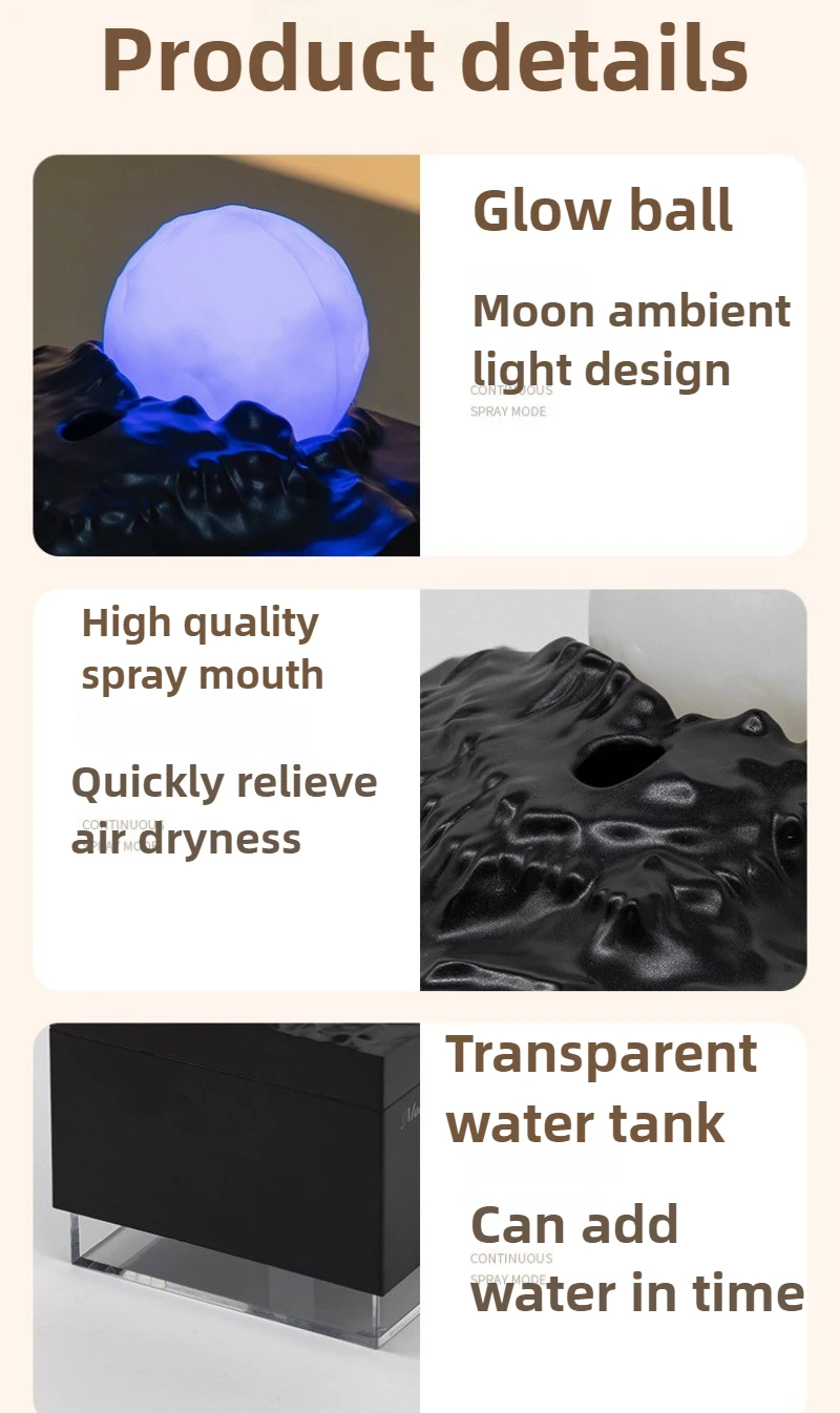 Desktop Humidifier with Colorful Ambient Light USB Port Silent Spray 300ML Large Fog Volume Home Bedroom Creative New Moon Falls