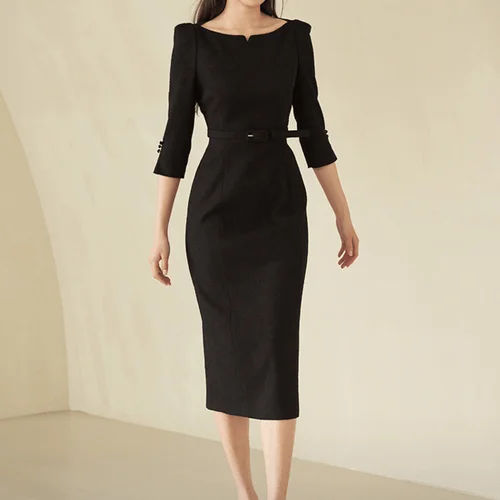 「고급브랜드」클래식 패션 봄 여름 스트레이트 레그 하프 슬리브 우아한 통근 보트 넥 벨트 애시드 드레스 스커트 무릎 위 