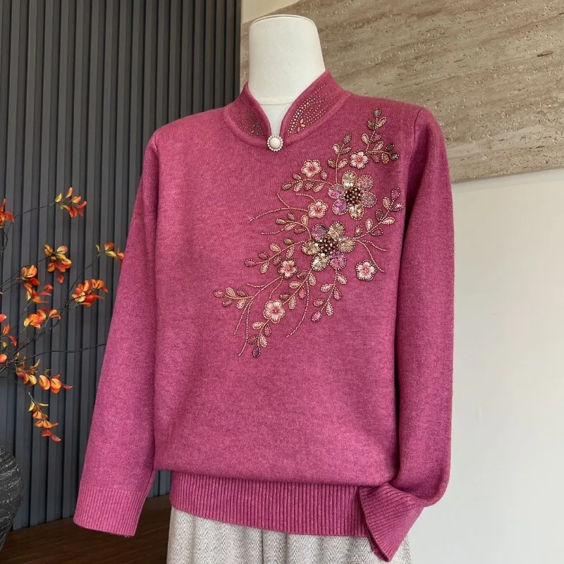 Elegant Middle Aged Women Autumn Winter Cheongsam Collar Knit Sweater Floral Embroidery Warm Fleece Lined Basic Tops