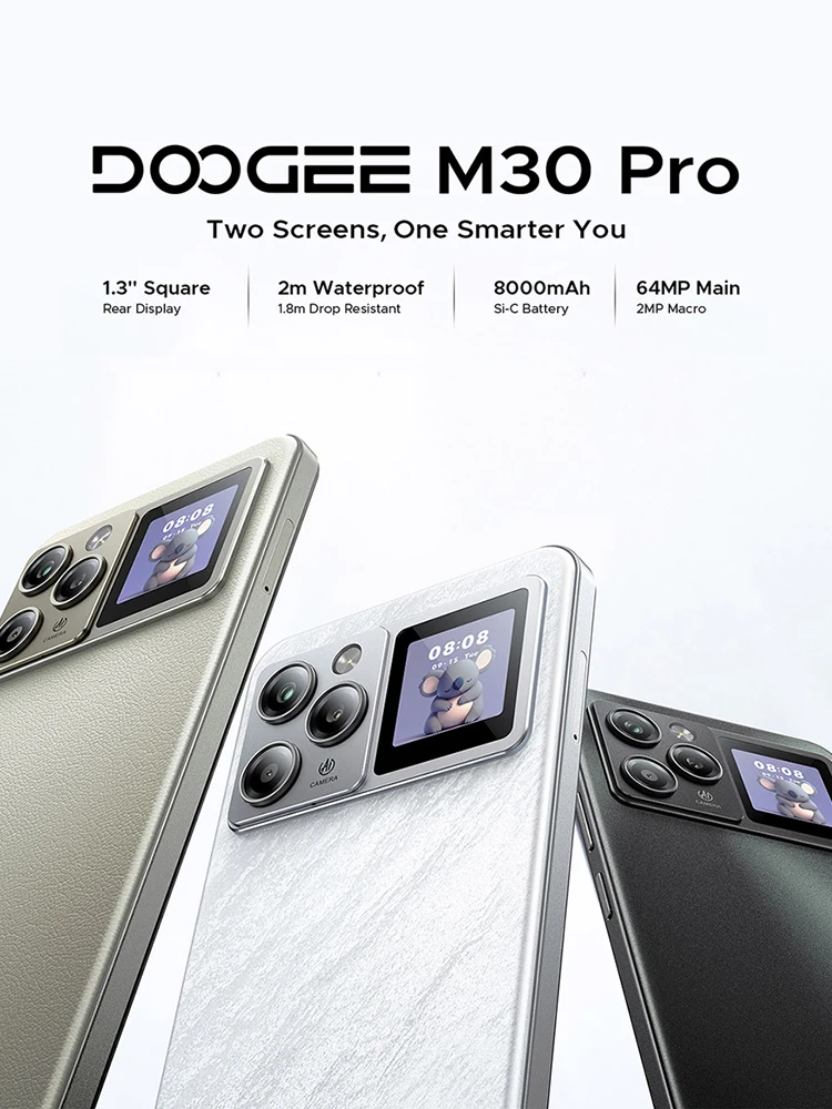 DOOGEE M30 Pro Smartphone 6.88" Display 8000mAh Battery 1.3'' Rear Display 64GB(8+56) 256GB 64MP Camera Android 16 Cell Phone