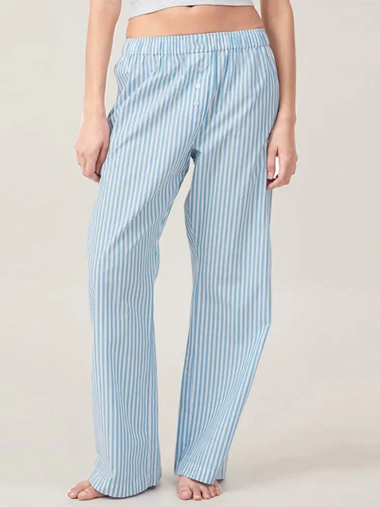 

ZANZEA Summer Loose Elastic Waist Pants Wide Leg Trousers Women Casual Home Sleep Long Pants Summer Daily Stripe Sleep Pantalons