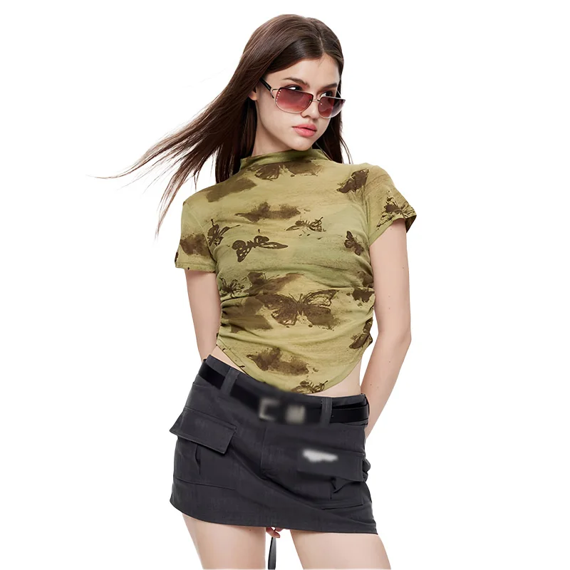 Women Butterfly Print Green T Shirt Summer Sexy Lady Slim Irregular Short Sleeve Elastic Crop Tops