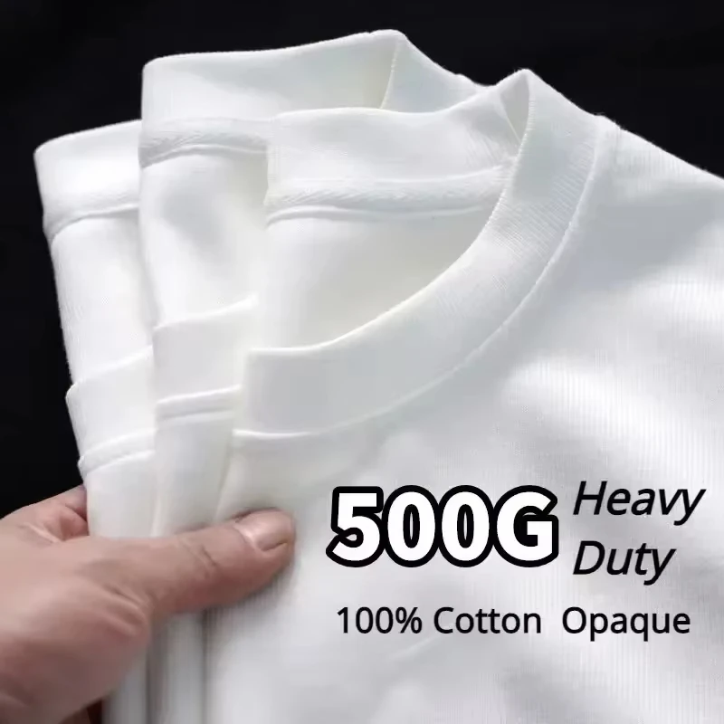 2025 Summer Black White GSM 500g Heavy-duty Thickened Threaded Round Sleeves Three Needle Half 100% Pure Cotton Printed T-shirt