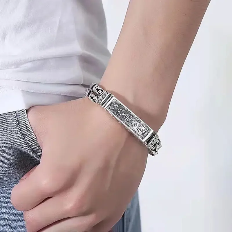 S925 Buddhist stone silver color National Chaojing Road Road six character truth bracelet men personality retro fashion jewelry