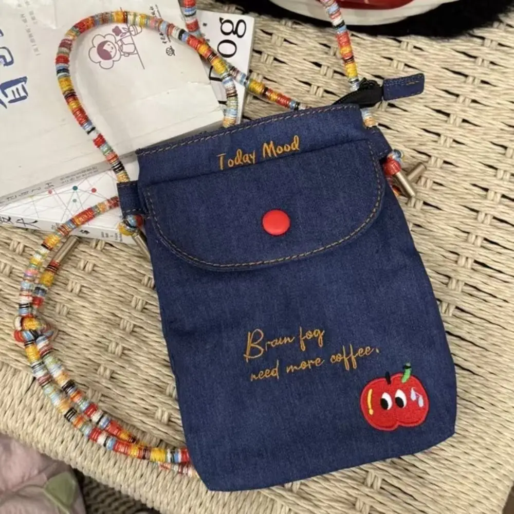 

New Embroidered Moblie Phone Bag Lightweight Denim Shoulder Bag Colorful Rope Adjustable Phone Crossbody Bag Travel