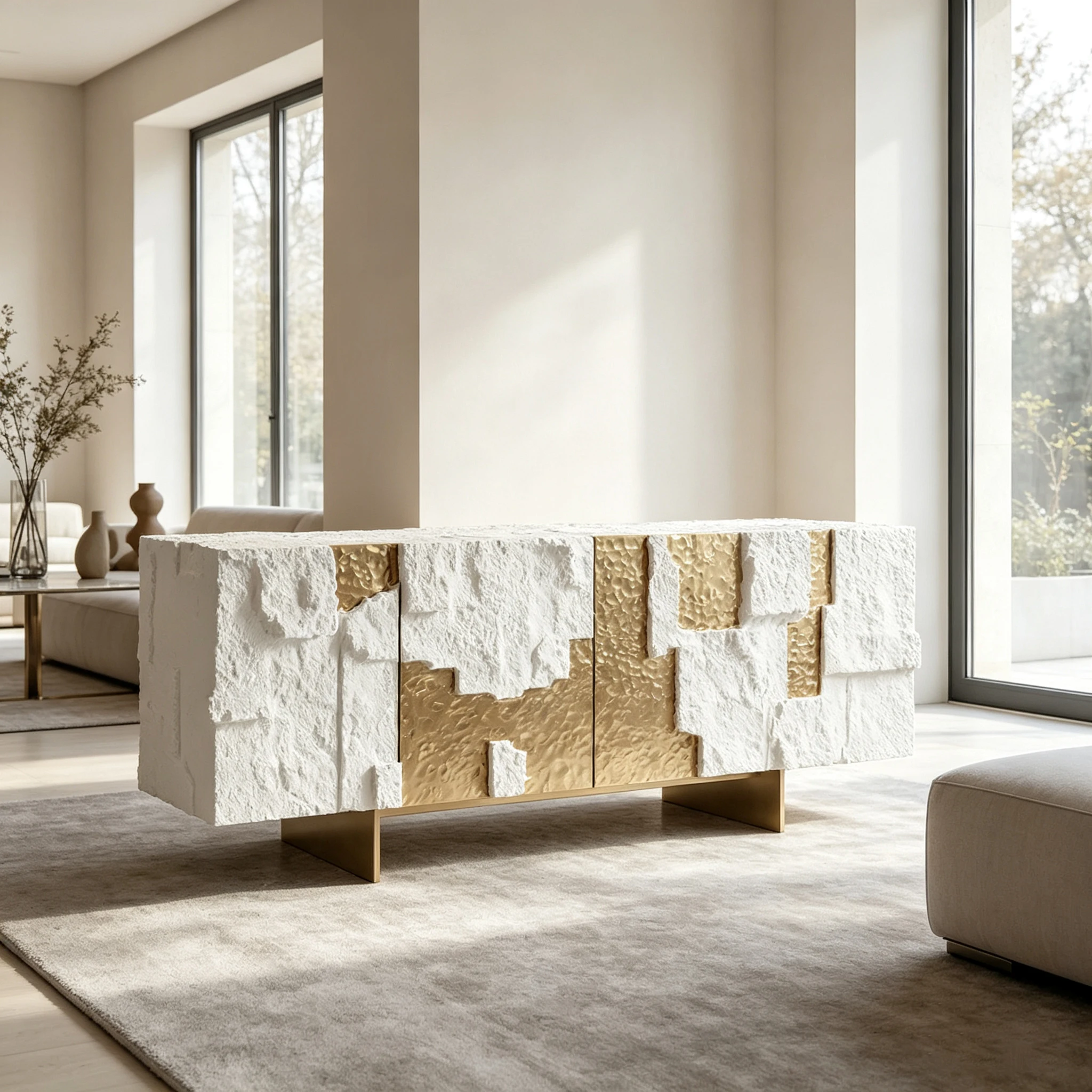 Y*-Rough Stone Texture Buffet Sideboard Fiberglass Frame Patch Gold Inlay Wide Gold Base for Light Luxury Dining Space