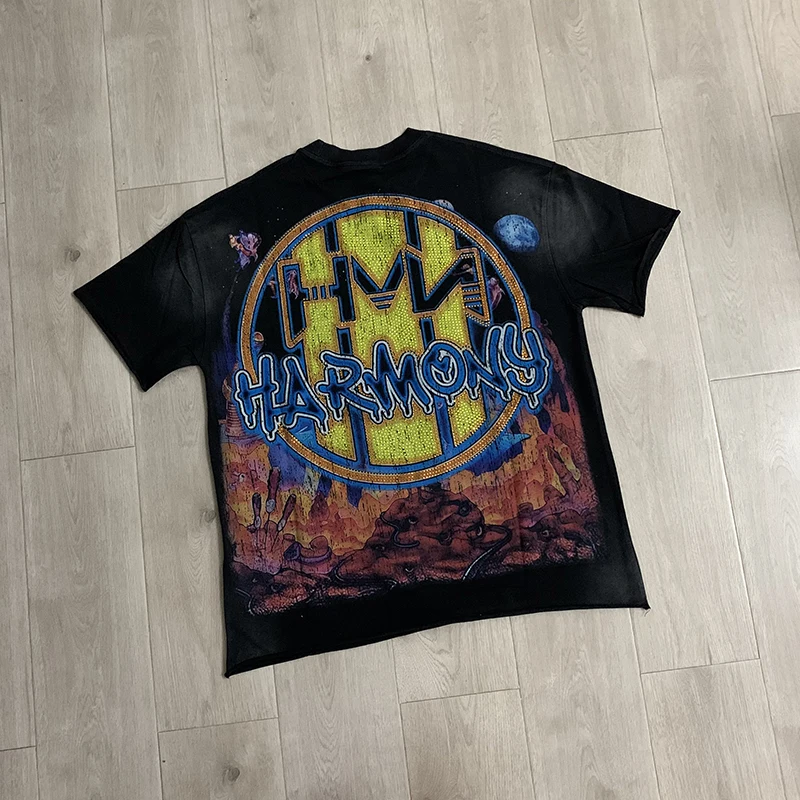 American HARMONY Tee Rhinestone Raw Edge Streetwear Distressed Washed Men Women Short Sleeve T-Shirt