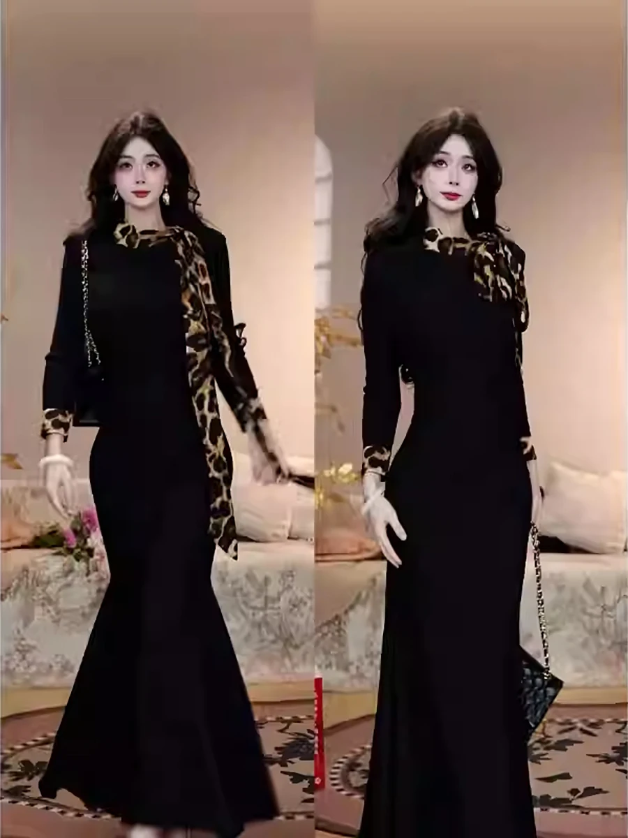 

Черная женская футболка с леопардовым принтом, воротником и длинными рукавами, в стиле пэчворк, корейский дизайн, для осени и зимы