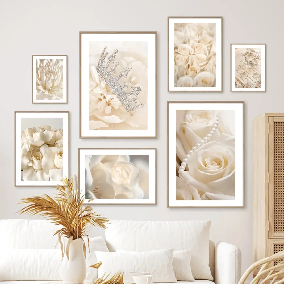 Blooming Beige Flower Peony & Rose Crown Pearl Necklace Wall Art Canvas Living Room Home Decor Poster Picture