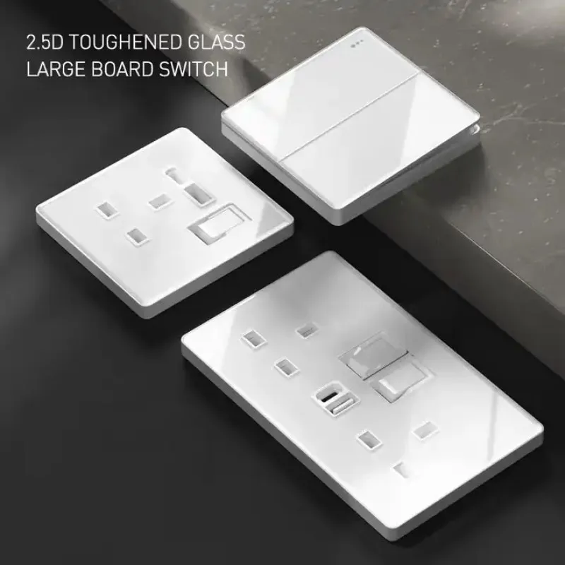 

UK Malta Africa Hongkong Standard White Crystal Full Tempered Glass Wall Sockets Electric 2USB Type C Fast Charge USB Outlets