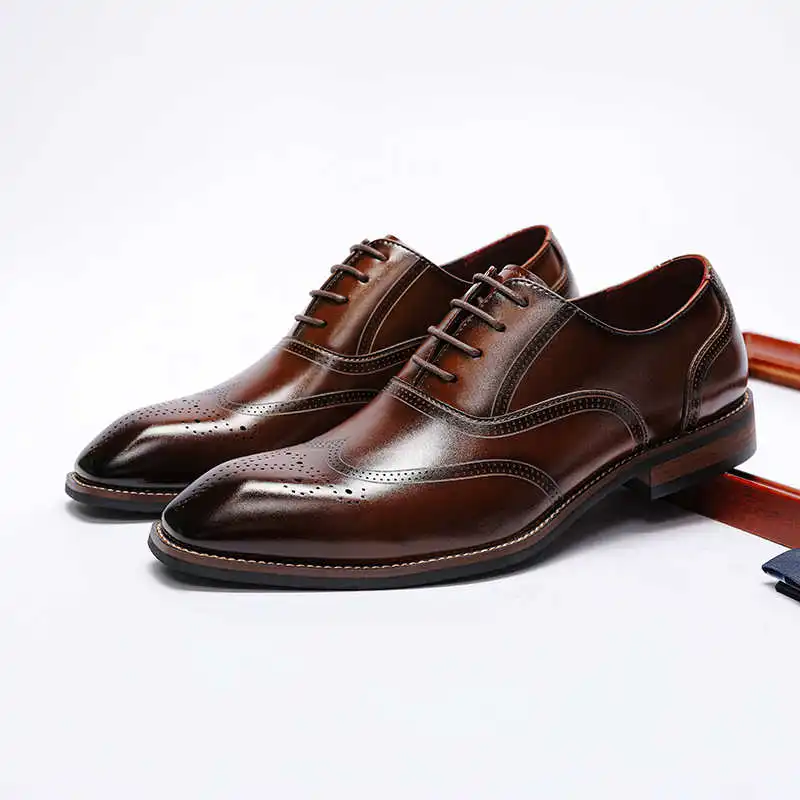 

Business Men's Leather Shoes Formal Wooden Heel Genuine Leather Men's Footwear Casual Leather Shoes Fashionable Flat Laced Ox...