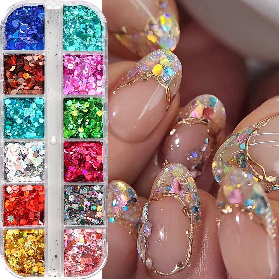 12 Colors Sparkly Holographic Nail Art Glitter Sequins Laser 3D Hexagon Flakes Nail Powder Makeup Nail Art Decorations Manicure