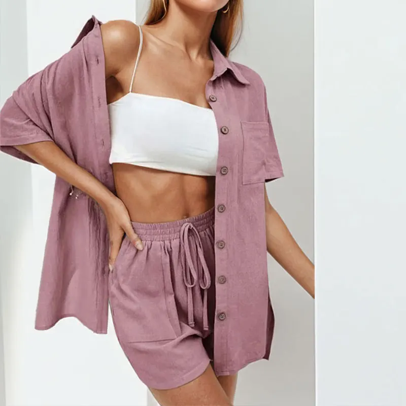 Amazon 2025 Nowa Moda Jednolita Koszula Damska Casual Temperament Krótki Rękaw Jednorzędowy Zestaw Dwuczęściowy Szorty