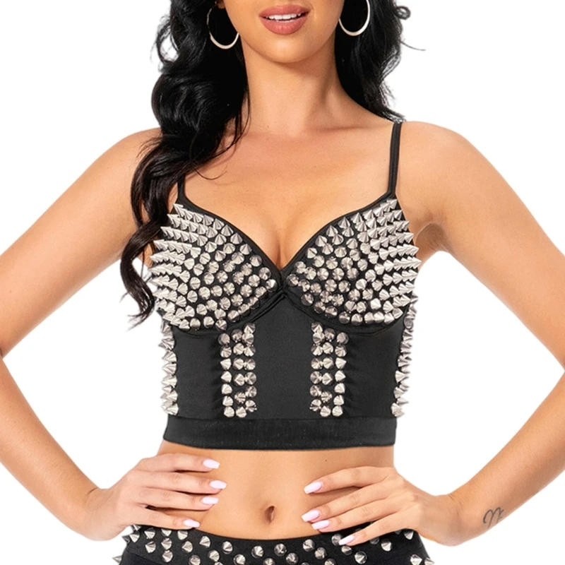 Gothic Punk Rivets Corset Top Bra Dancer Top Women's Push up Bustier Crop Top 6XDA