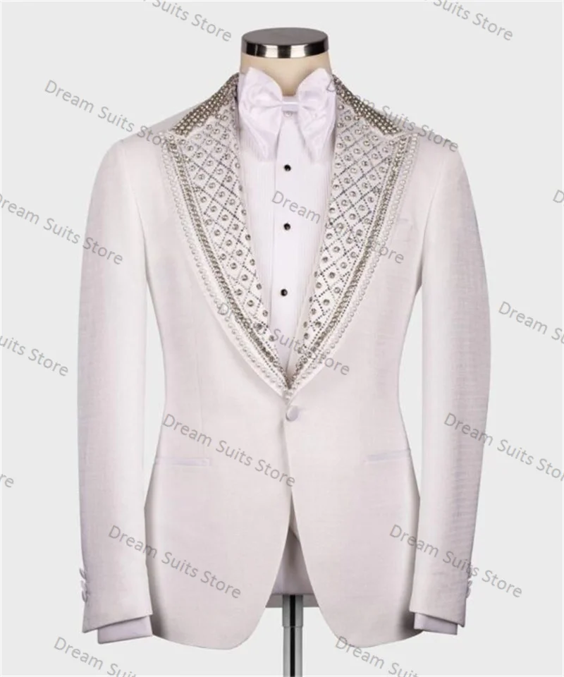 

Crystals White Men Suits Set 2 Piece Cotton Blazer+Black Pants Customized Formal Office Jacket Prom Wedding Tuxedo Male Coat