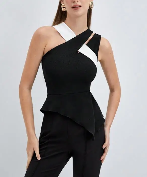 سترة نسائية 2026 ربيع التخسيس جديد عصري متباين اللون عبر الربط خط كشكش هيم ضيق المناسب سترة دون أكمام