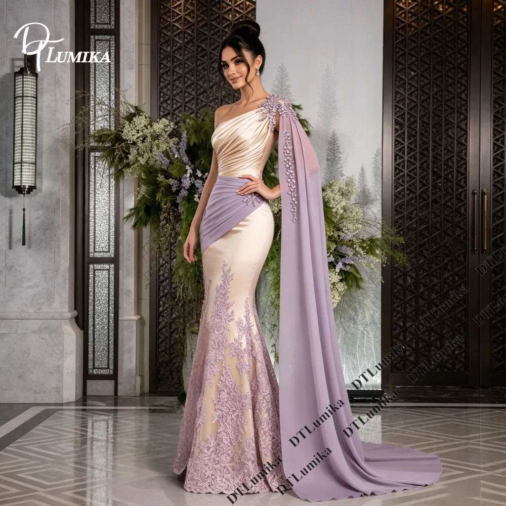 Impresionante Vestido de Noche de Sirena Bicolor con Capa de un Solo Hombro y Encaje, Vestidos de Fiesta Formales Personalizados para Mujer con Paneles y Apliques