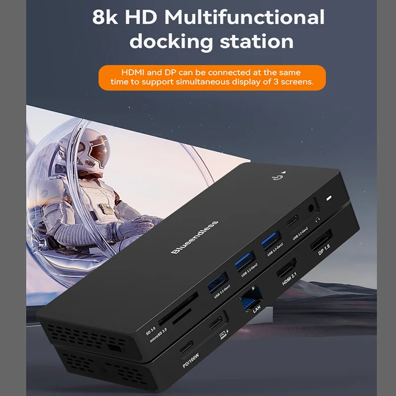 Blueendless 8K Dual HDMI DP Docking Station USB C HUB USB 3.2 GEN 2 SD/TF 100W PDRJ45 Ethernet 3.5mm Audio Adapter For MacBook