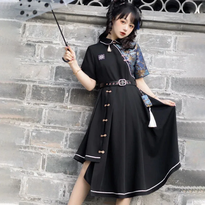 Chinese Style Han Element Hanfu Lolita Button Irregular Dress Gothic Black Lolita Short Long Sleeve Kawaii Daily Dresses