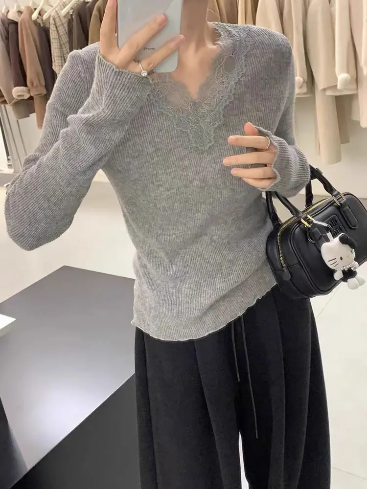 Slim fit renda retalhos malhas macio e confortável feminino faion inverno novo sle v-ne longo sve cor versão coreana