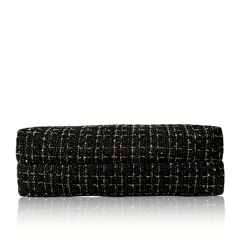 Elegante Damen-Vintage-Tweed-Tragetasche mit Karomuster, elegante Schultertasche mit großem Fassungsvermögen und goldenem Kettenakzent – Detail 8