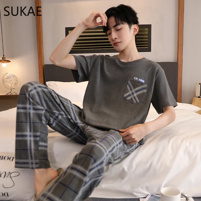 

SUKAE Boys Lougewear размера плюс L-5XL Летняя хлопковая одежда для сна для мужчин Досуг Мужская пижама с короткими рукавами Полные брюки Мужской пижамный комплект