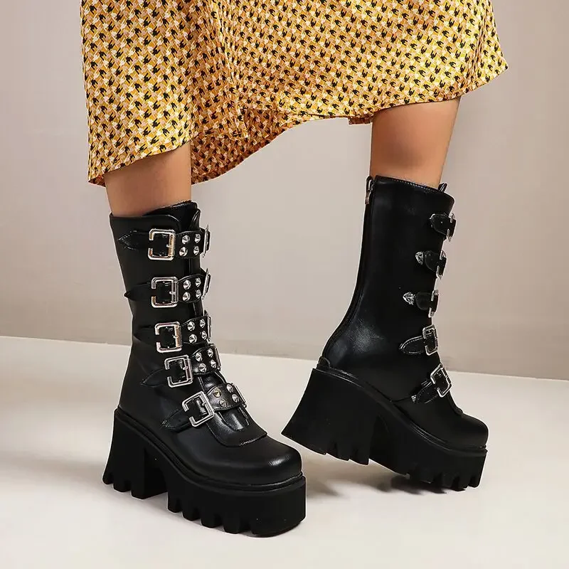 Damska platforma Punk Rock wysokiej buty na obcasie z grubą podeszwą przystojny tylny zamek duże buty sceniczne modne buty damskie PU