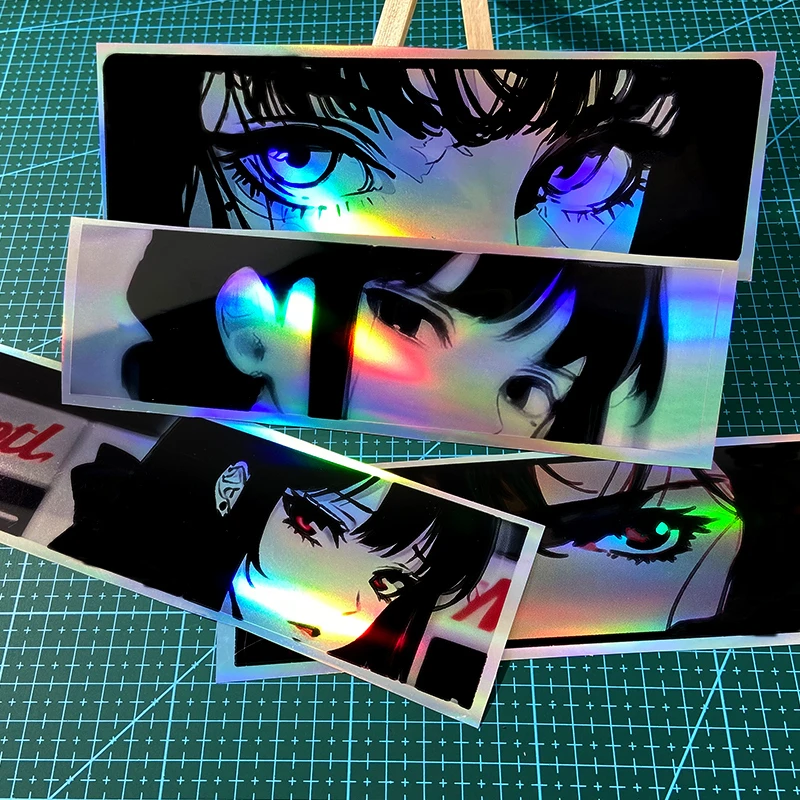1PC Reflective Laser Anime Peeking Eyes JDM Motorcycle Sticker Waterproof Motorbike Fuel Tank Electric Scooter Body Vinyl Decals