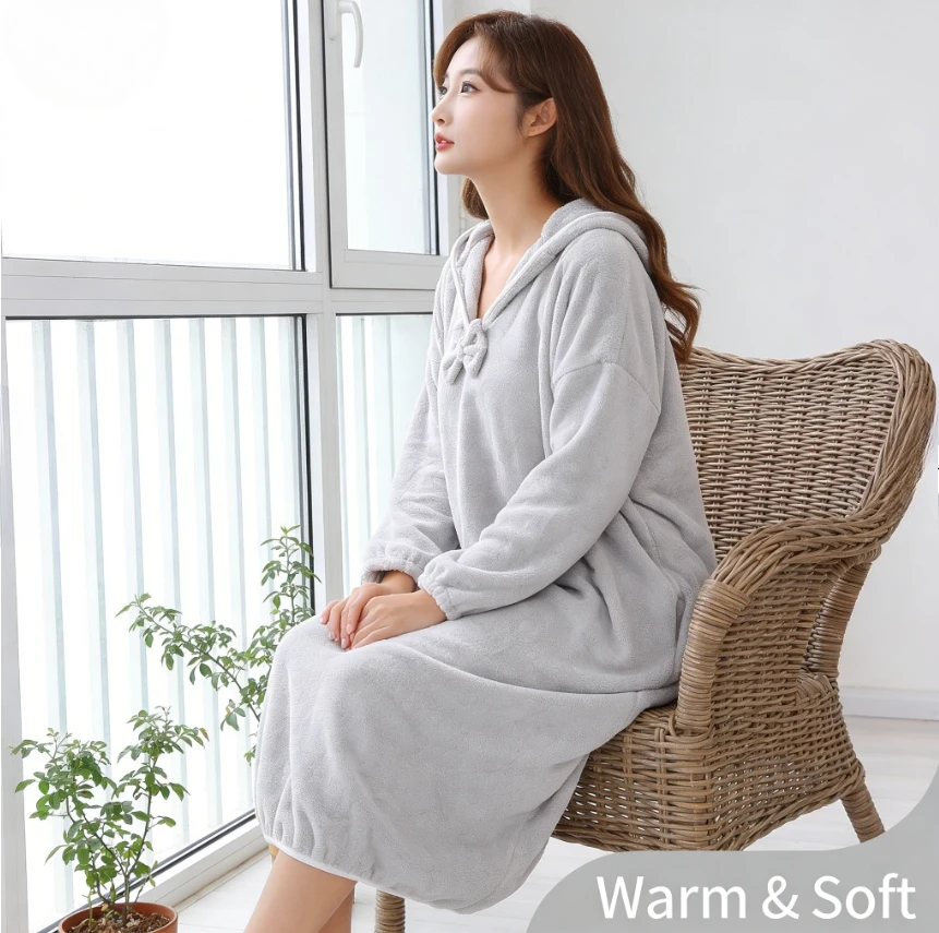 Albornoz largo de forro polar coral para mujer con capucha, manga larga, absorbente, falda de baño suave, ropa de descanso para el hogar, ducha y uso diario