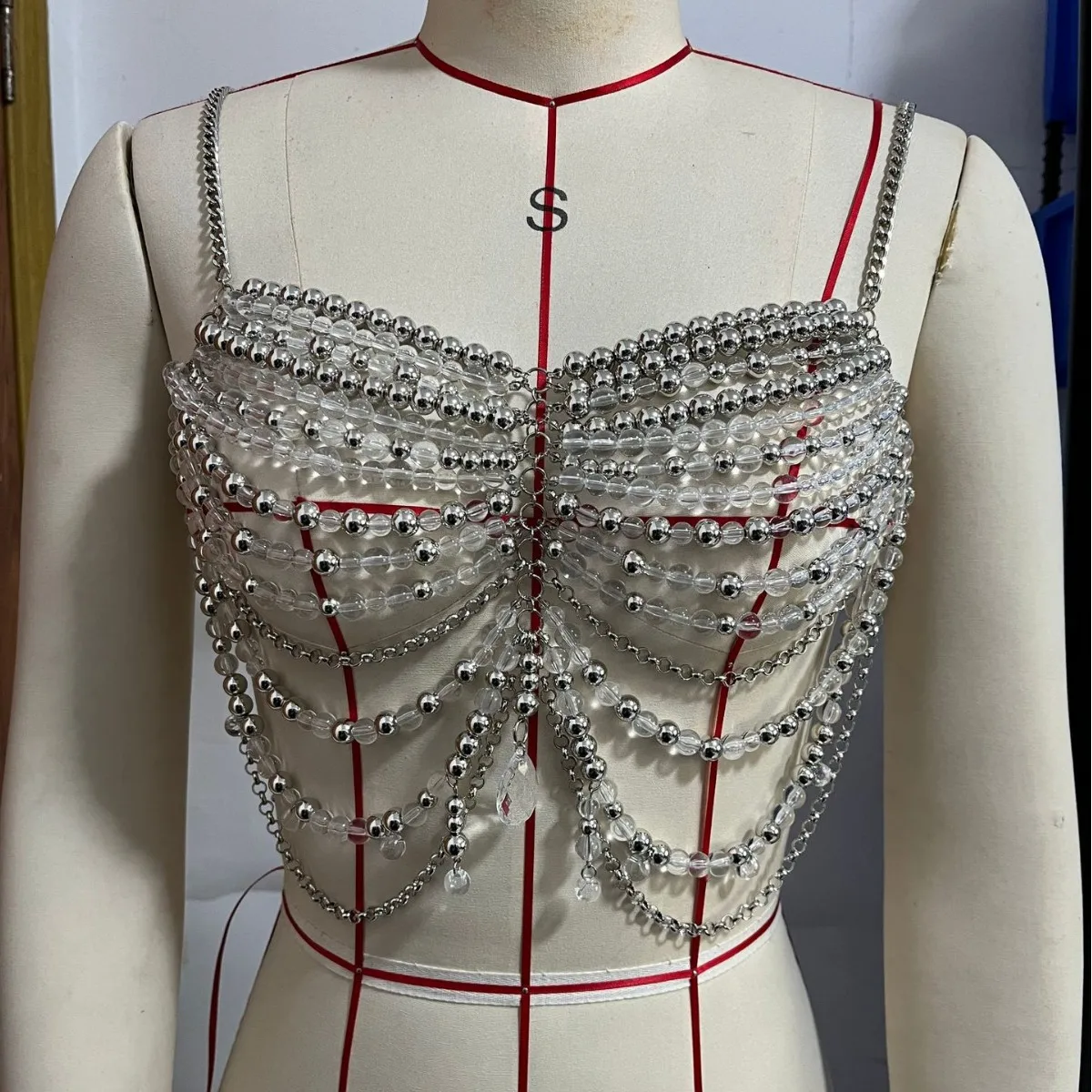 Sexy Women Handmade Stone Bead Body Chain Bikini Bra Romantic Tank Top Beachwear Lingeie Chest Chain Waist Chain Headdress Set