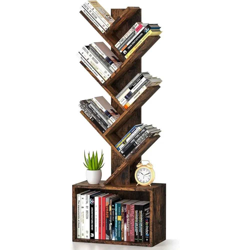 

6 Tier Tree Bookshelf, Sturdy Retro Floor Standing Wood Bookcase, Storage Rack forLiving Room, Heavy Book Organizer Shelves