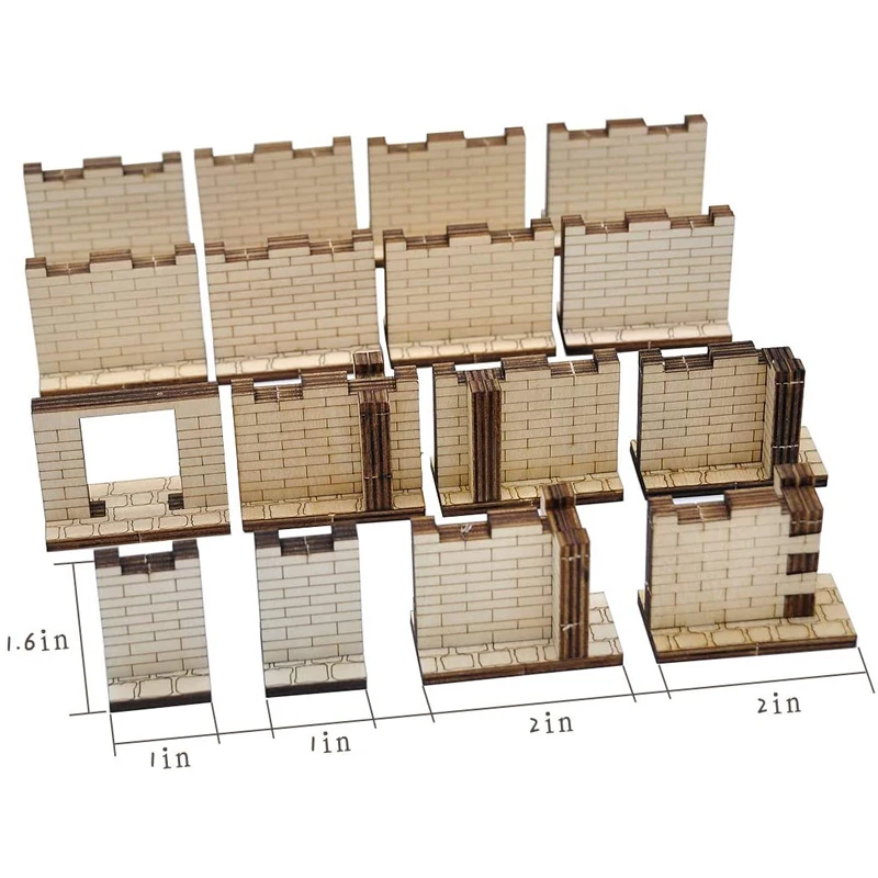 3D Modular Terrain Tiles, Dungeon Brick Walls, Corte a Laser em Madeira, Conjunto de 16, 2 in x 1 in, Escala de 28mm