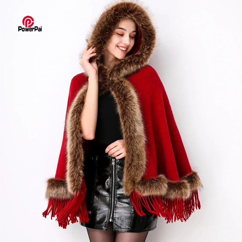 

Fashion Faux Raccoon Fur Poncho Hood Coat Cape Women Autumn Winter Tassels Knit Shawl Party Travel Cloak Wraps